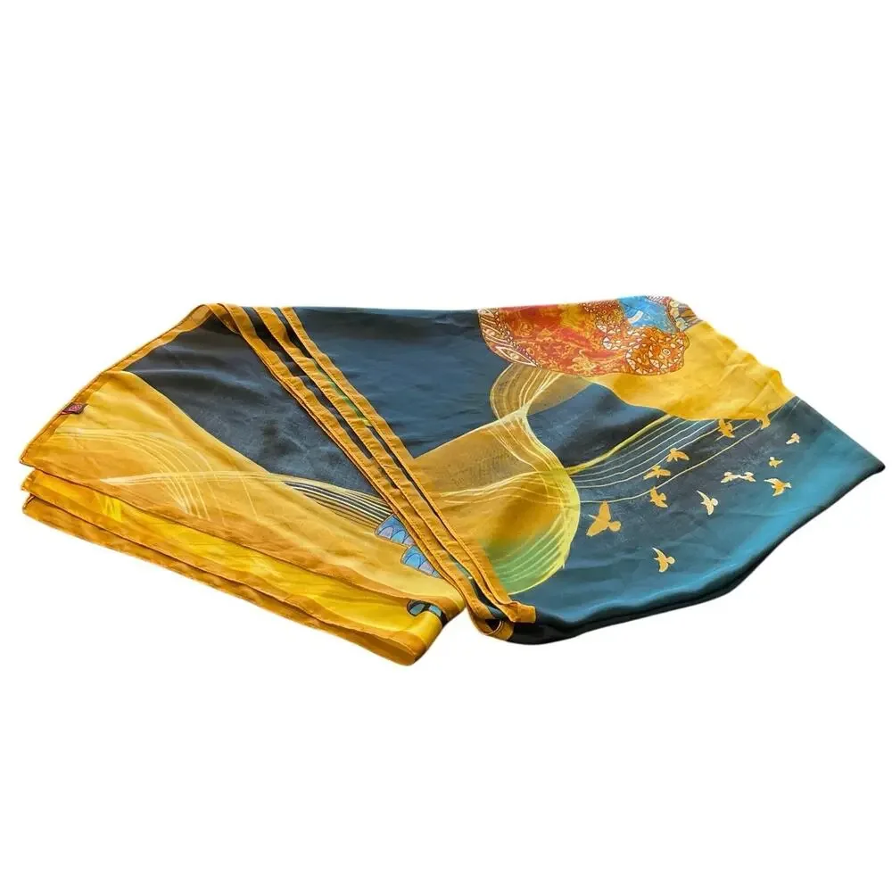 Oversized Elephant Scarf Blue Gold Satin Feel Polyester Wrap Shawl 35x69 Boho